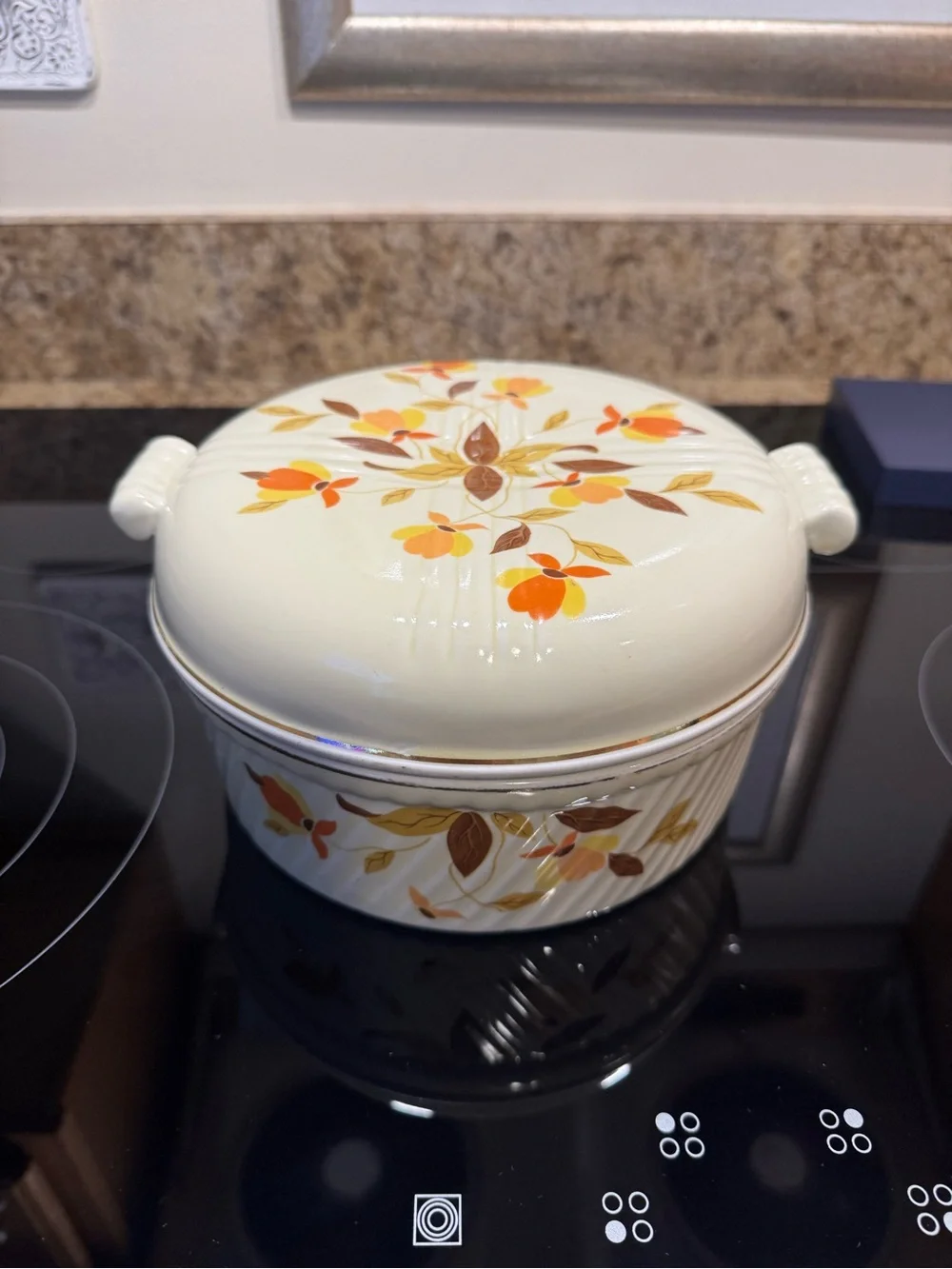 Cream Ceramic Covered Casserole with Orange Floral Design
